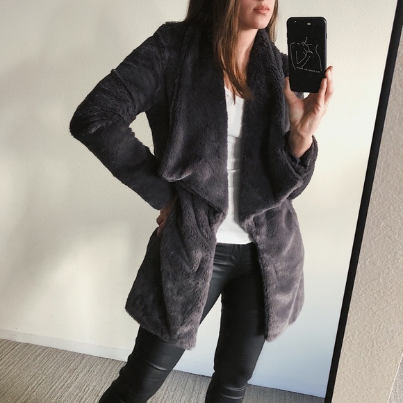 CHARCOAL FAUX FUR CARDIGAN - Picture 6 of 7